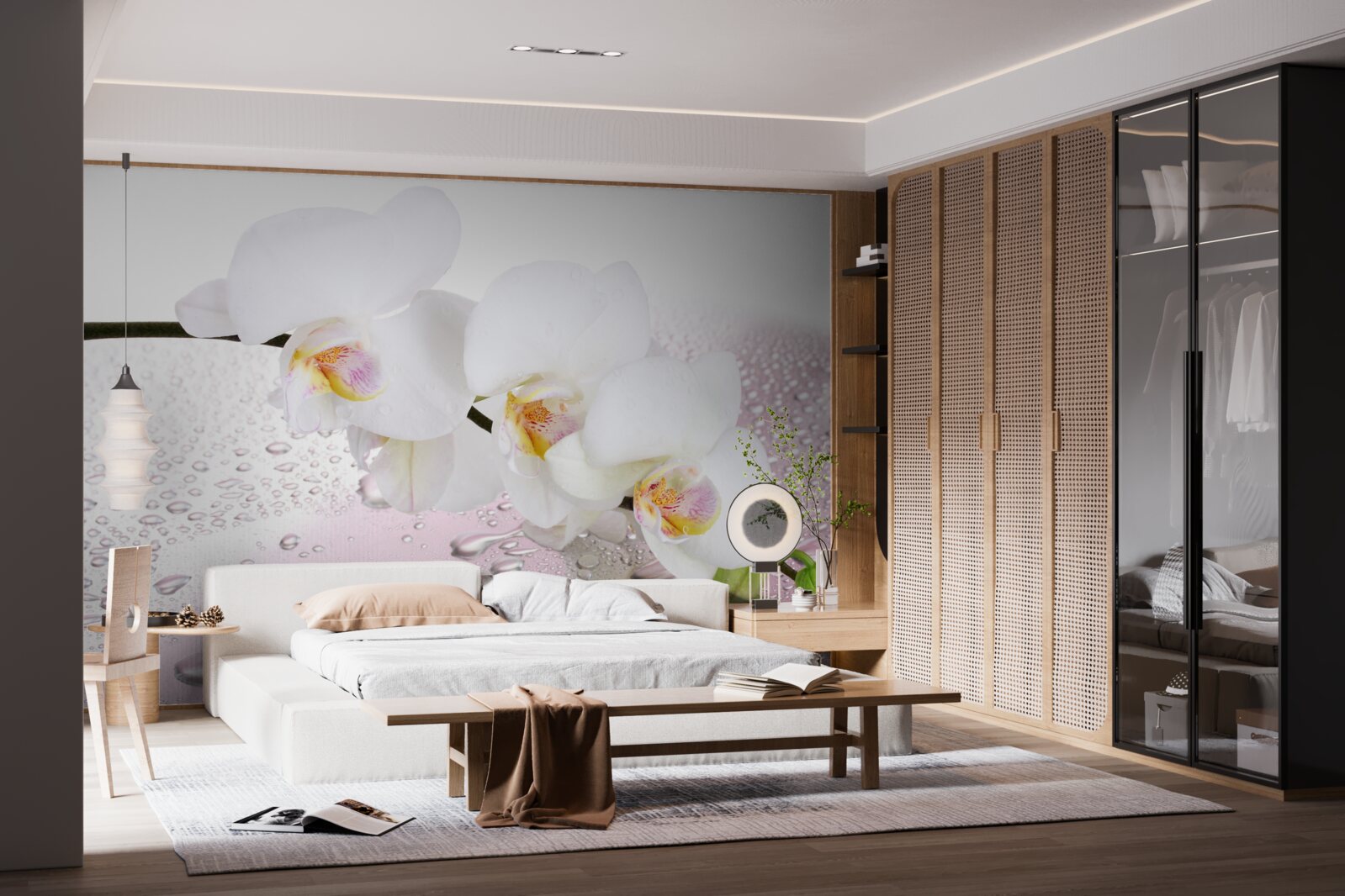 Фотошпалери мокра гілка білої орхідеї, прикрашена краплями води