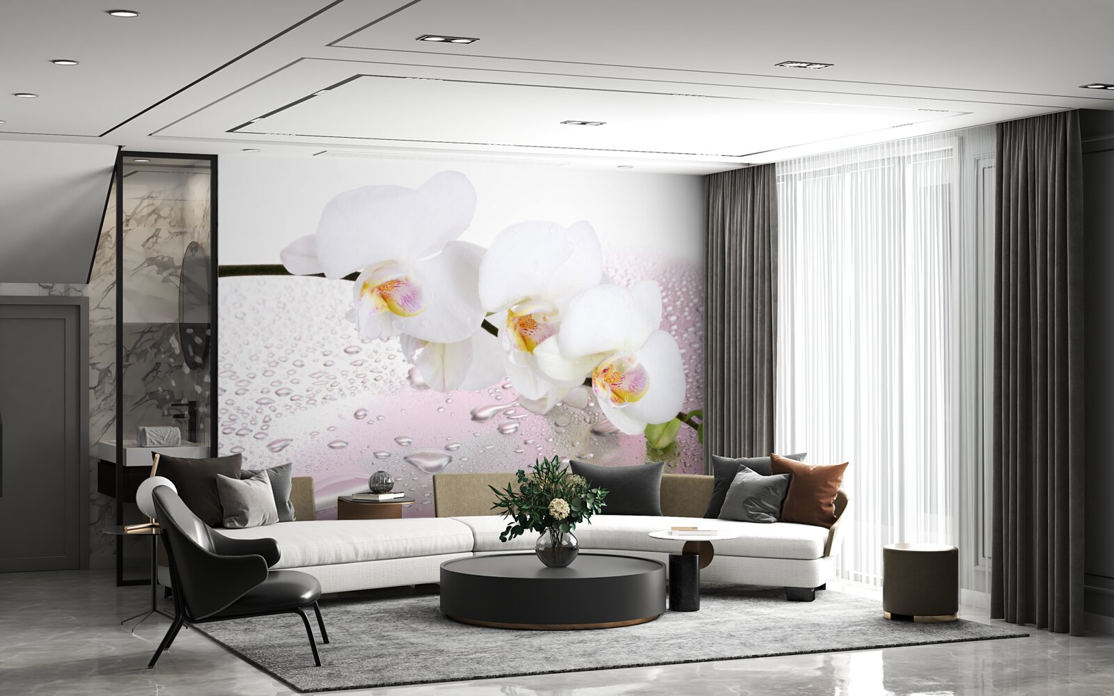 Фотошпалери мокра гілка білої орхідеї, прикрашена краплями води