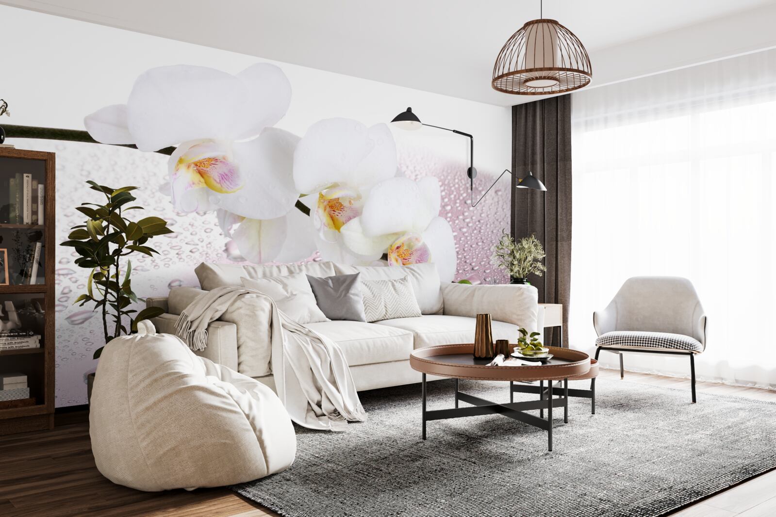 Фотошпалери мокра гілка білої орхідеї, прикрашена краплями води