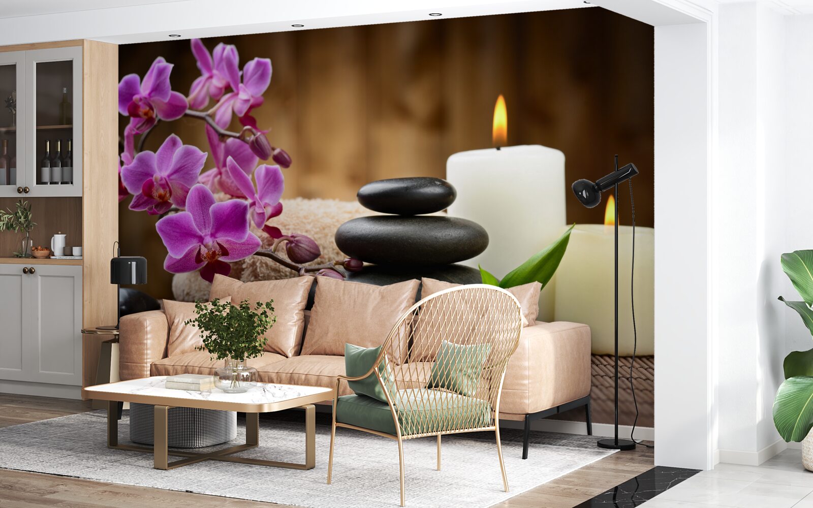 Фотошпалери орхідея в оточенні свічок і каміння