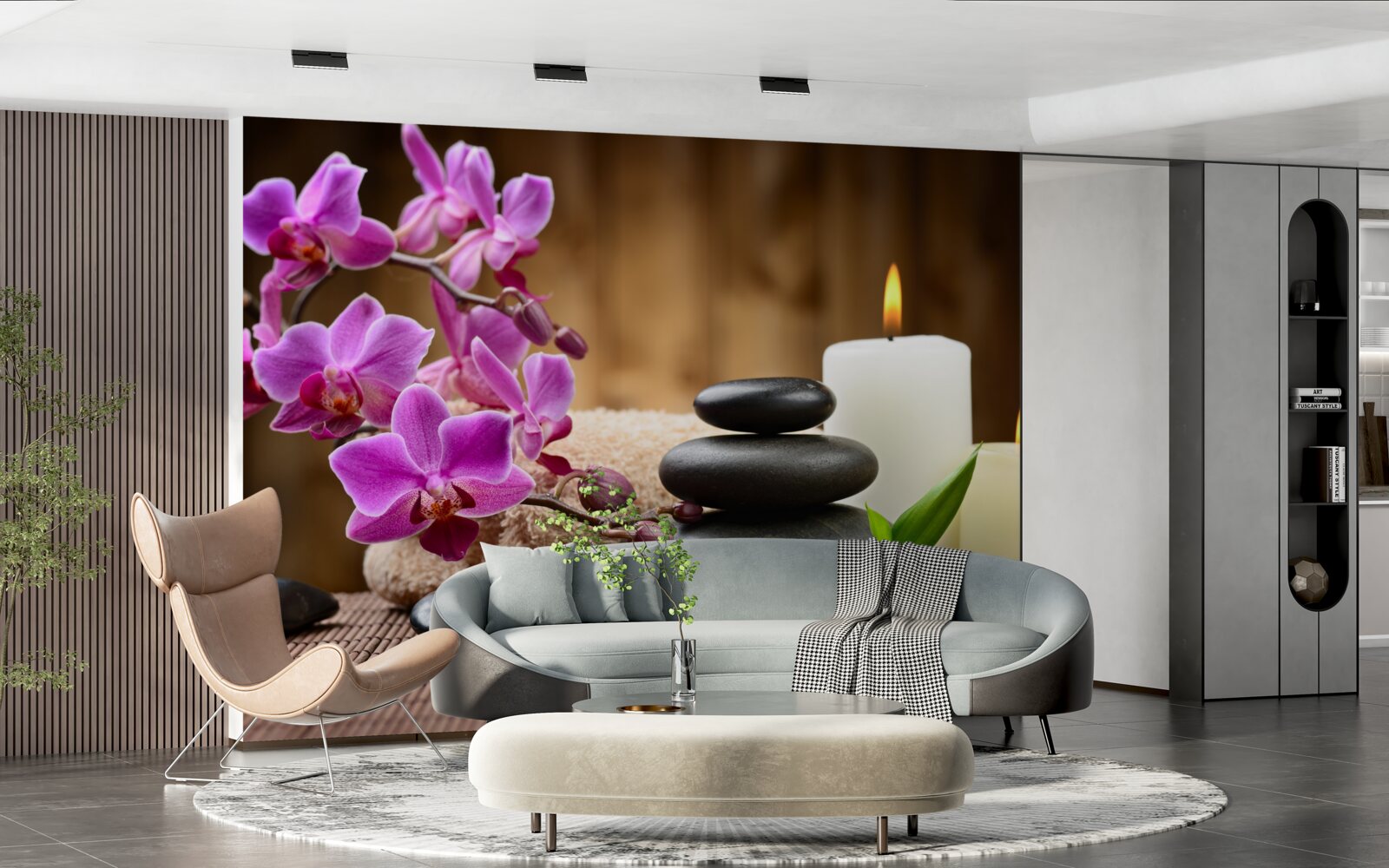 Фотошпалери орхідея в оточенні свічок і каміння