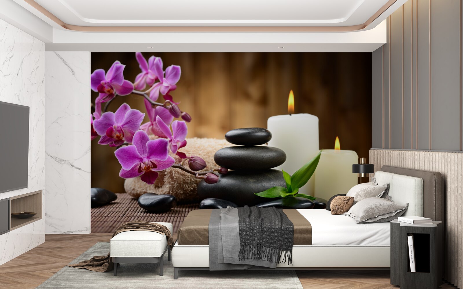 Фотошпалери орхідея в оточенні свічок і каміння