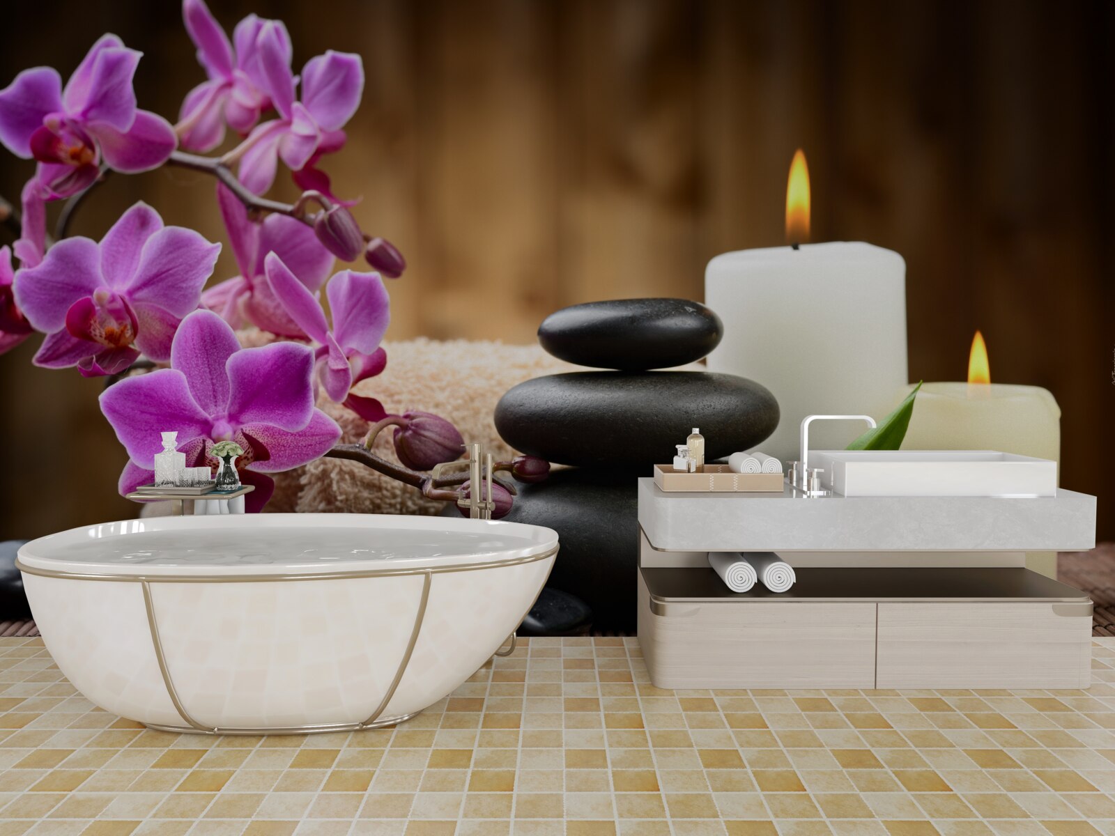Фотошпалери орхідея в оточенні свічок і каміння