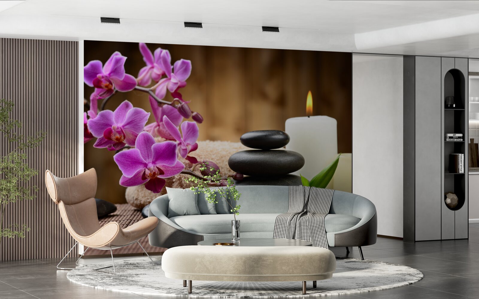 Фотошпалери орхідея в оточенні свічок і каміння