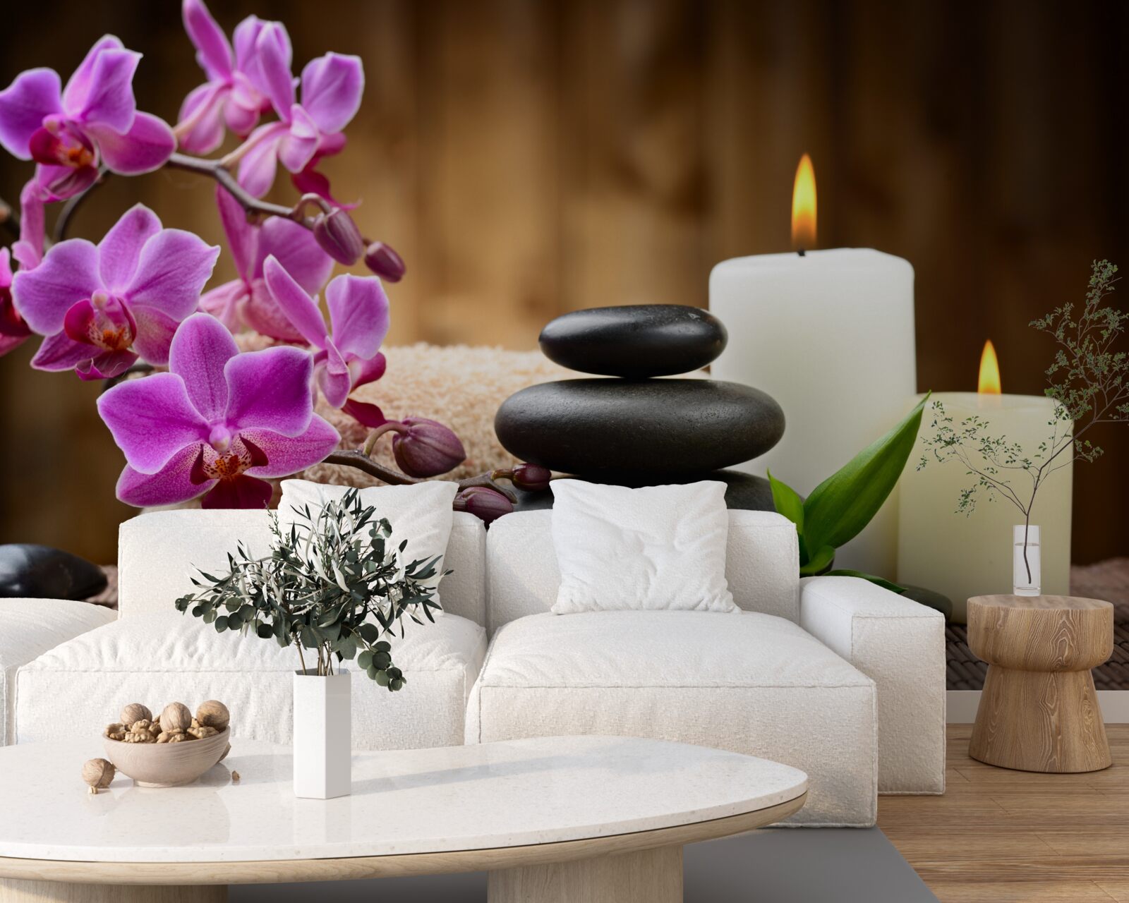 Фотошпалери орхідея в оточенні свічок і каміння