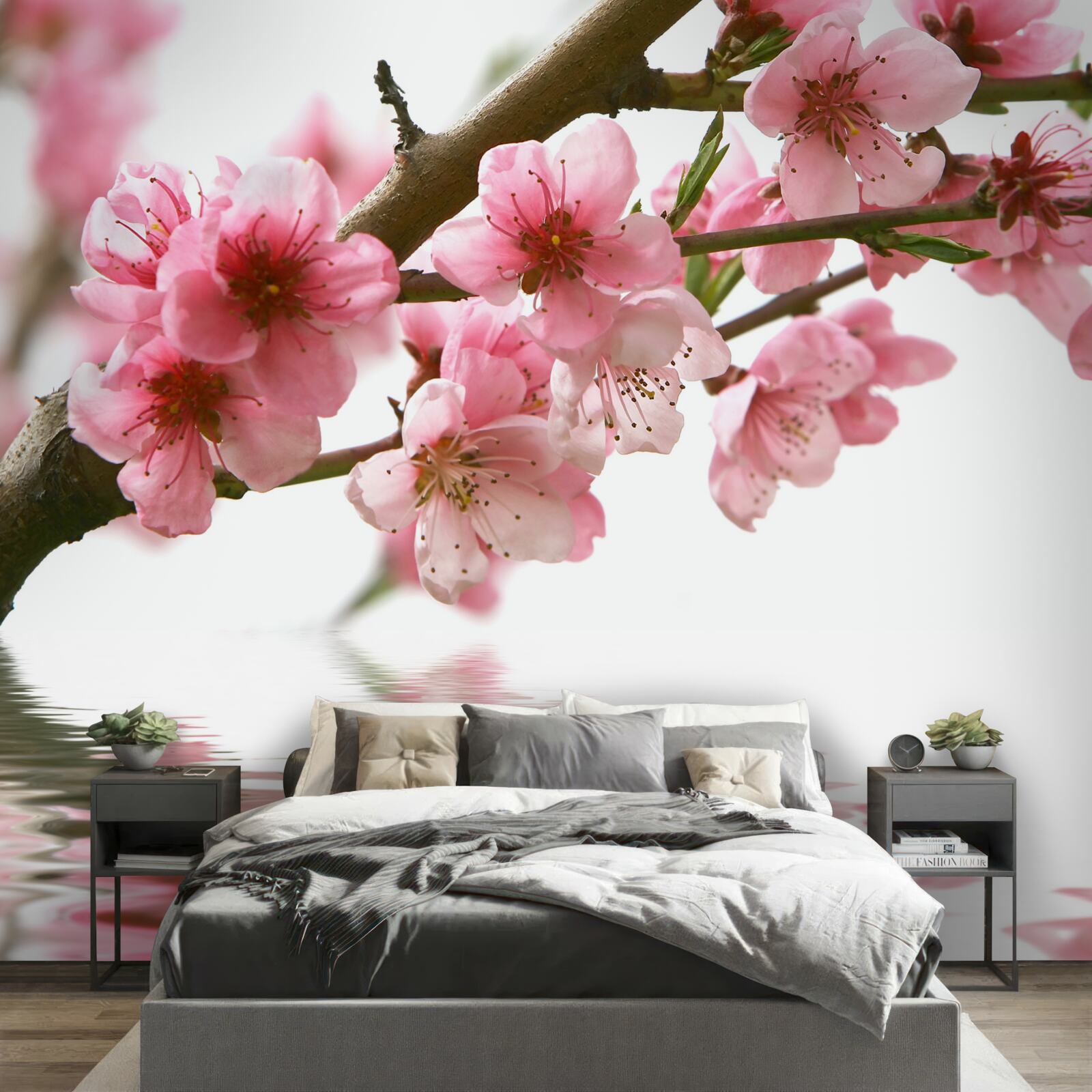 Фотошпалери рожева гілка сакури, що нависає над водою