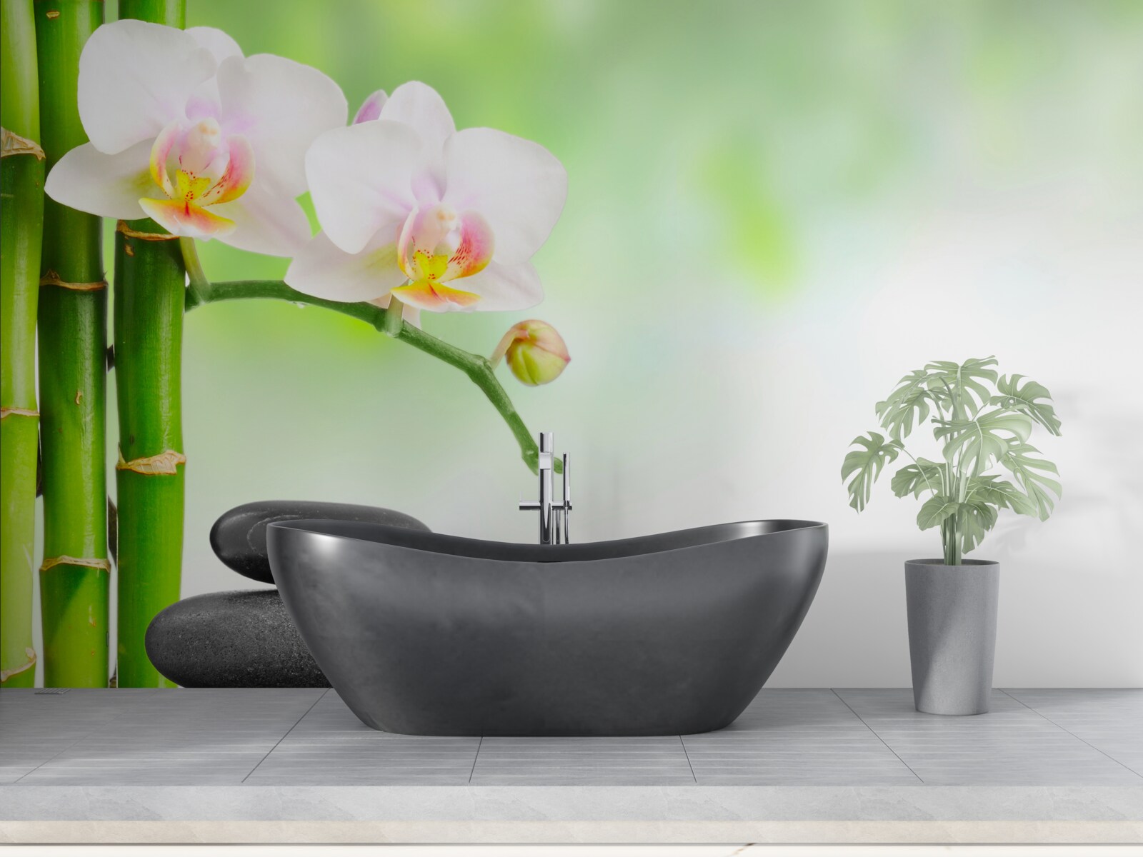 Фотошпалери біла орхідея, каміння та бамбук