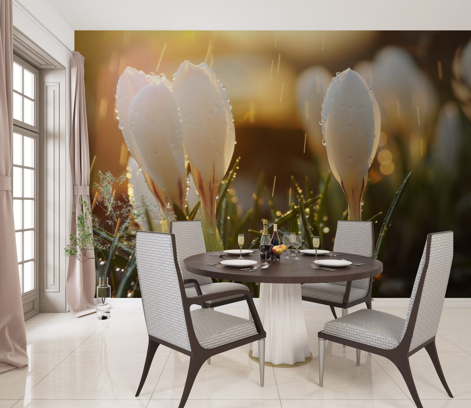 Фотошпалери квіти в білосніжній росі