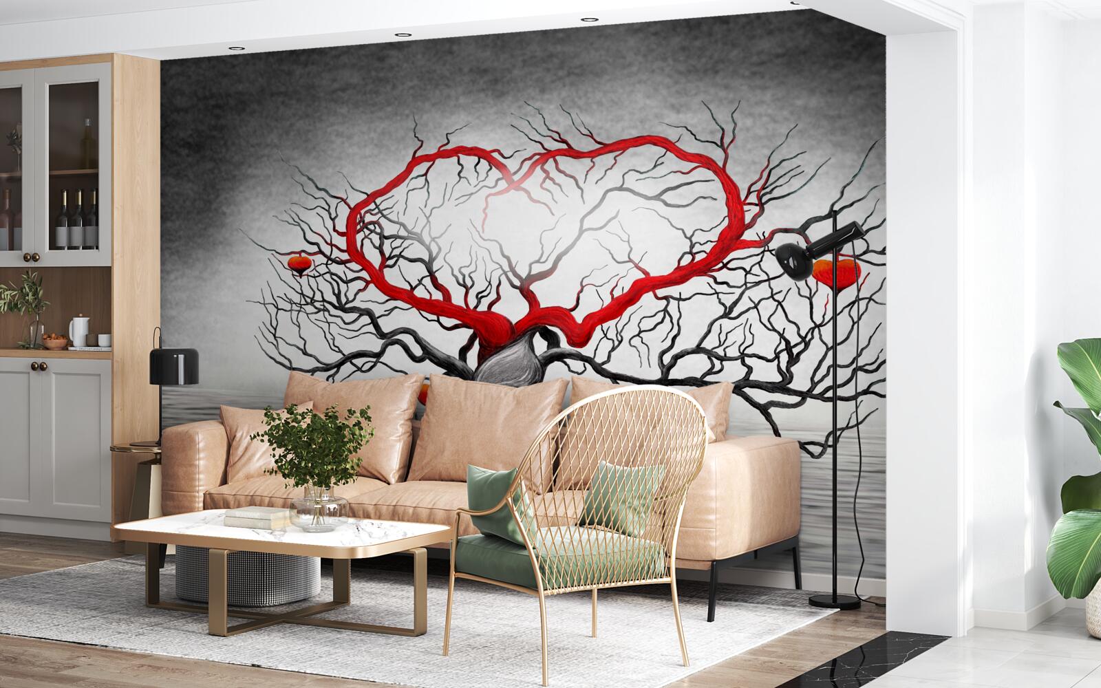 Фотошпалери велике червоне серце та чорне дерево