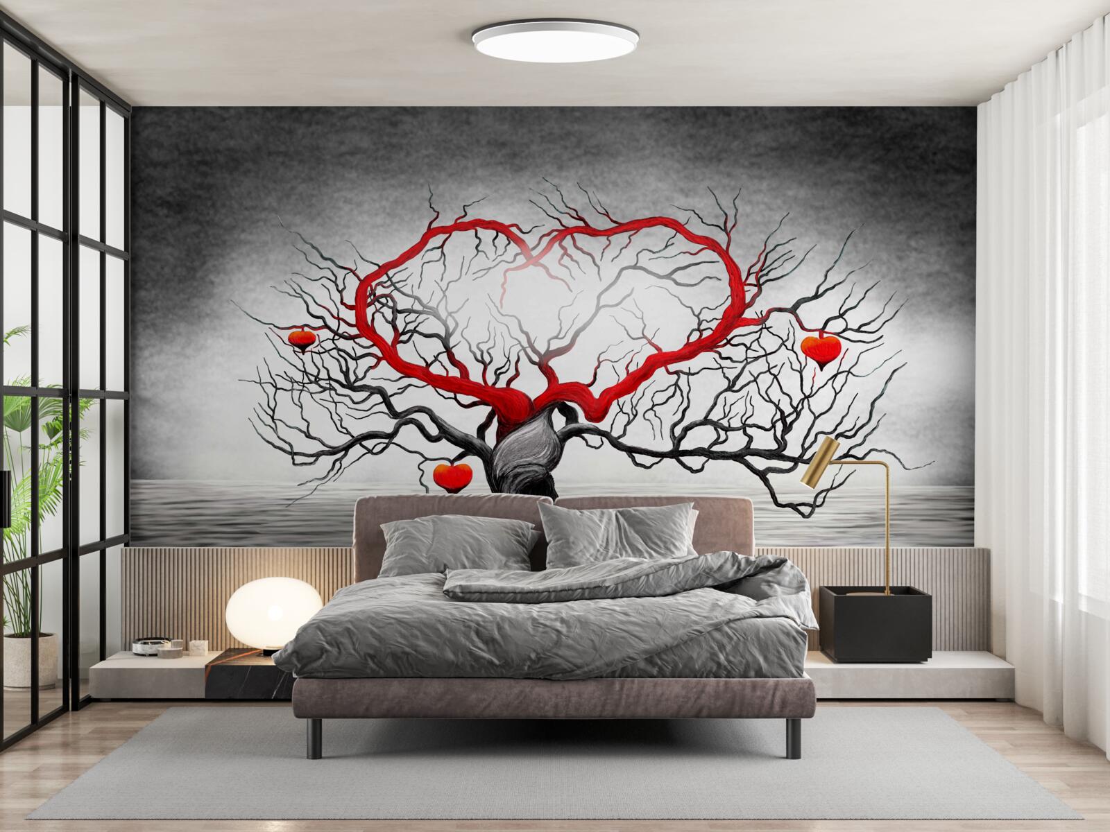 Фотошпалери велике червоне серце та чорне дерево