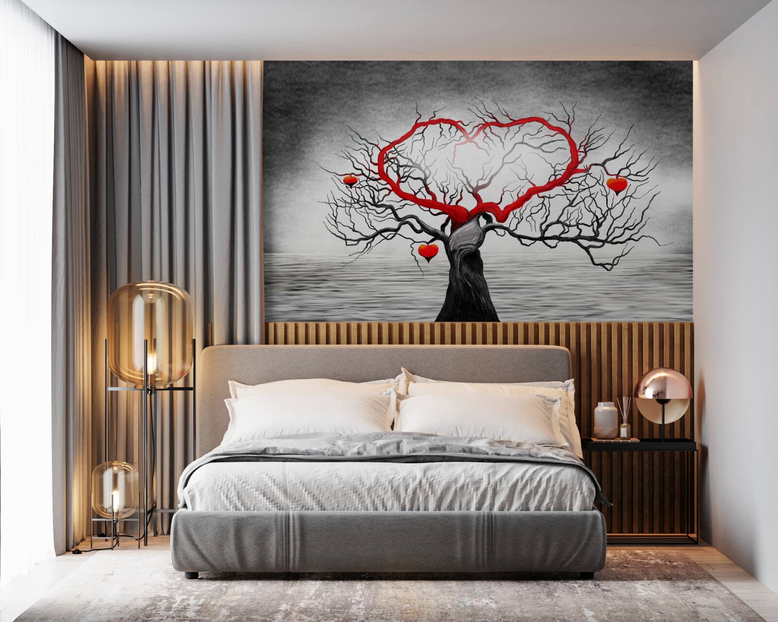 Фотошпалери велике червоне серце та чорне дерево