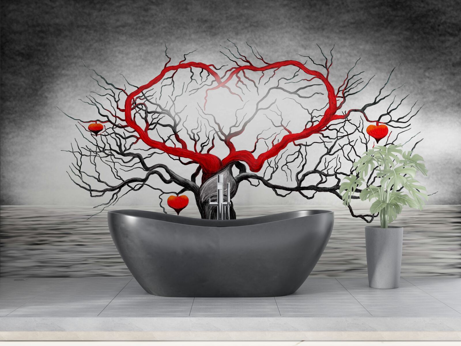 Фотошпалери велике червоне серце та чорне дерево