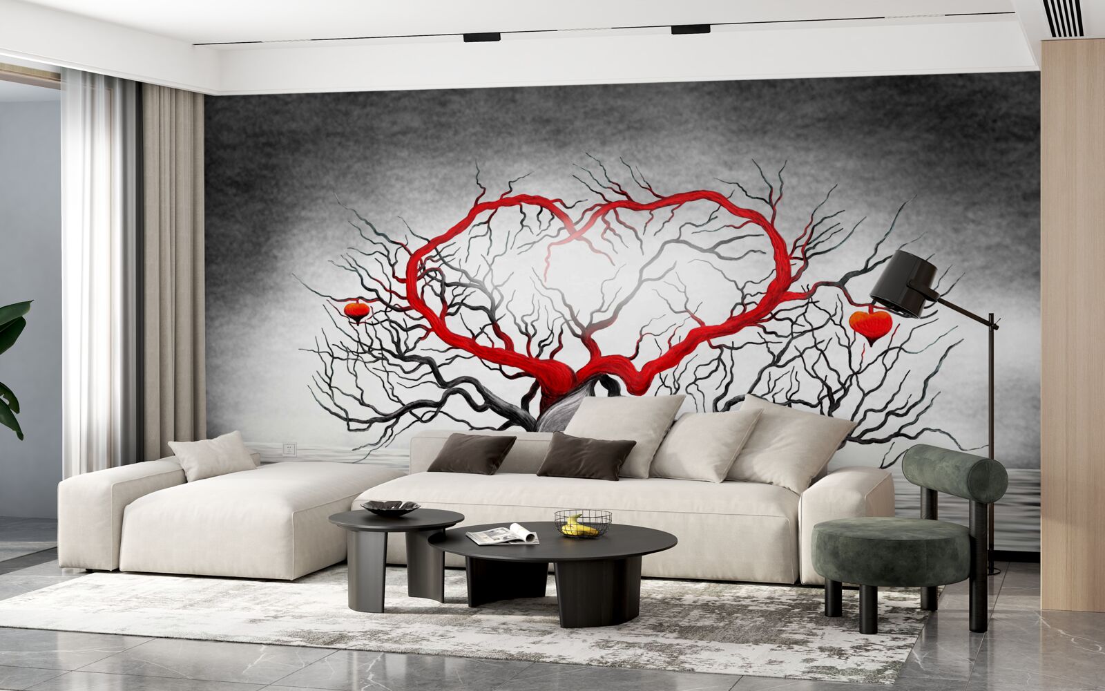 Фотошпалери велике червоне серце та чорне дерево