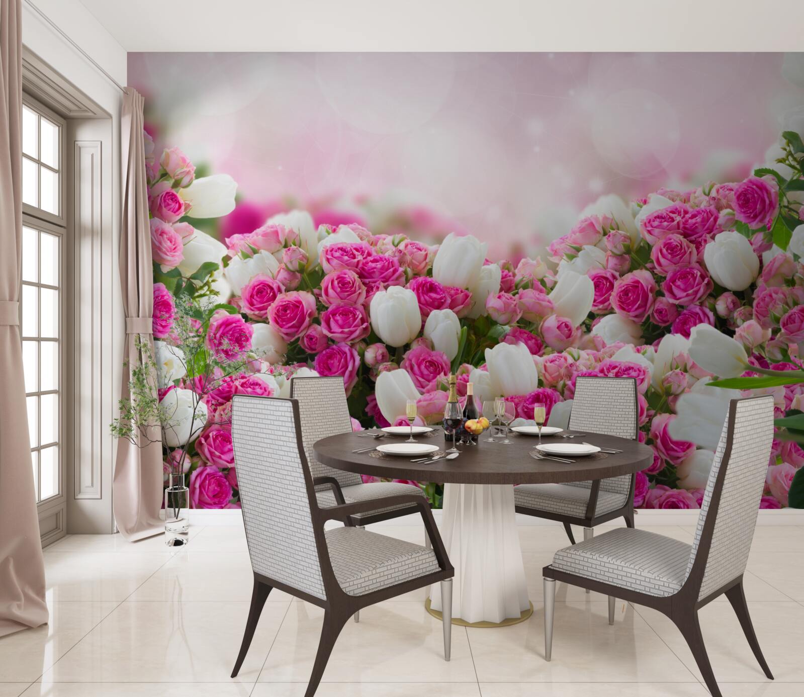 Фотошпалери рожеві троянди та білі тюльпани
