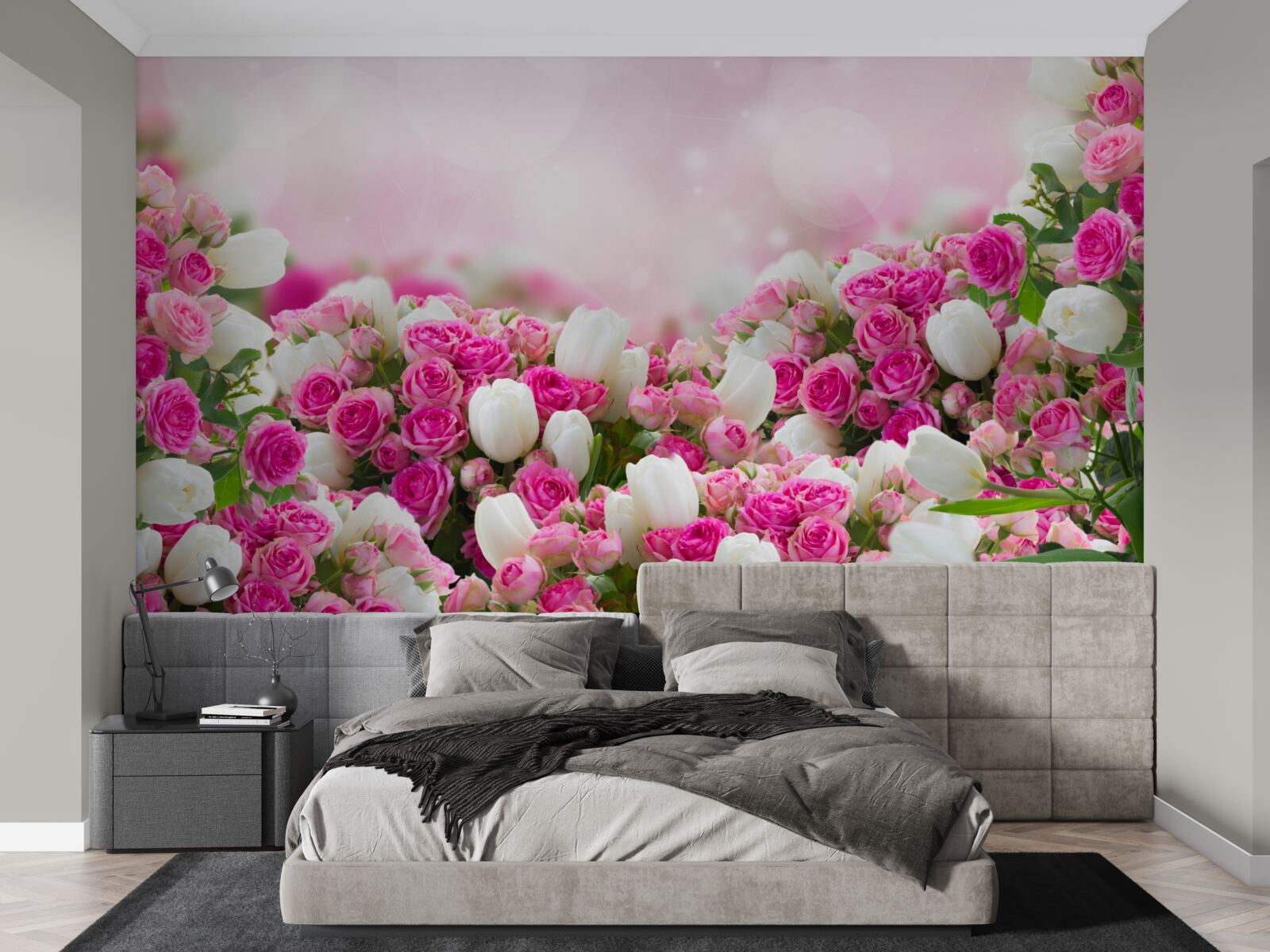 Фотошпалери рожеві троянди та білі тюльпани