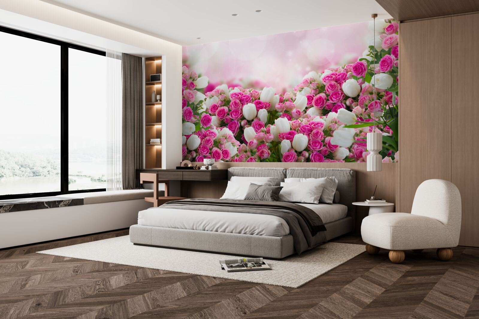 Фотошпалери рожеві троянди та білі тюльпани