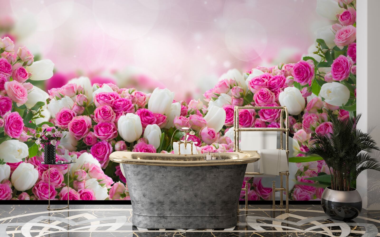 Фотошпалери рожеві троянди та білі тюльпани