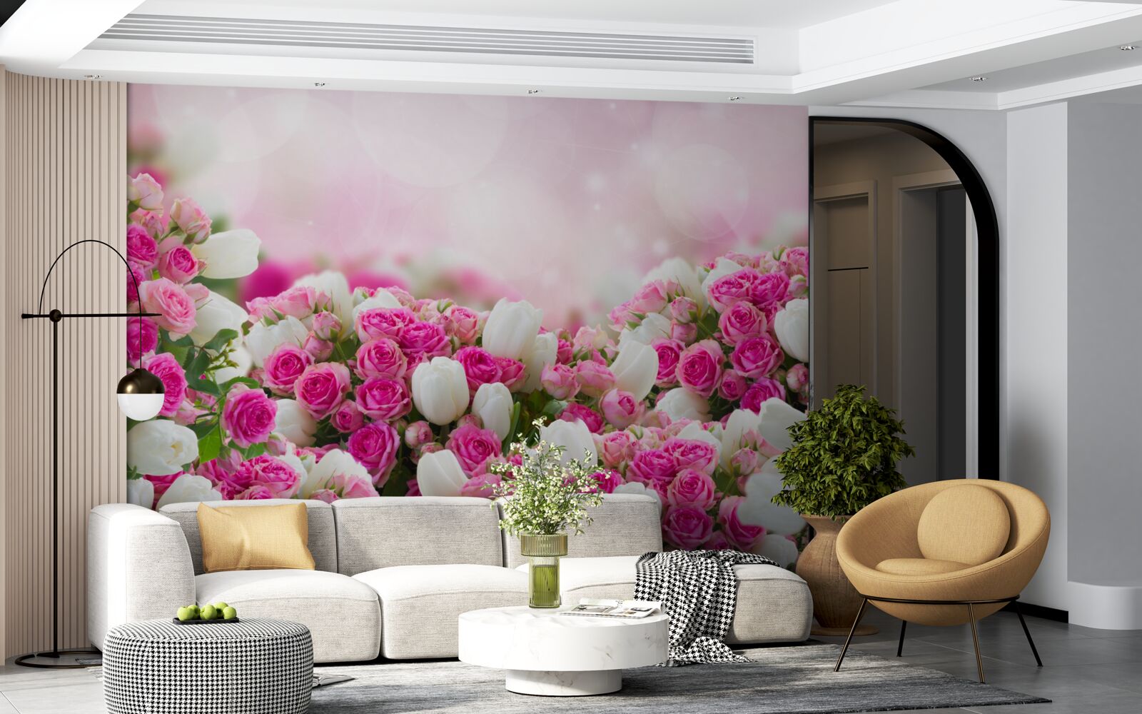 Фотошпалери рожеві троянди та білі тюльпани