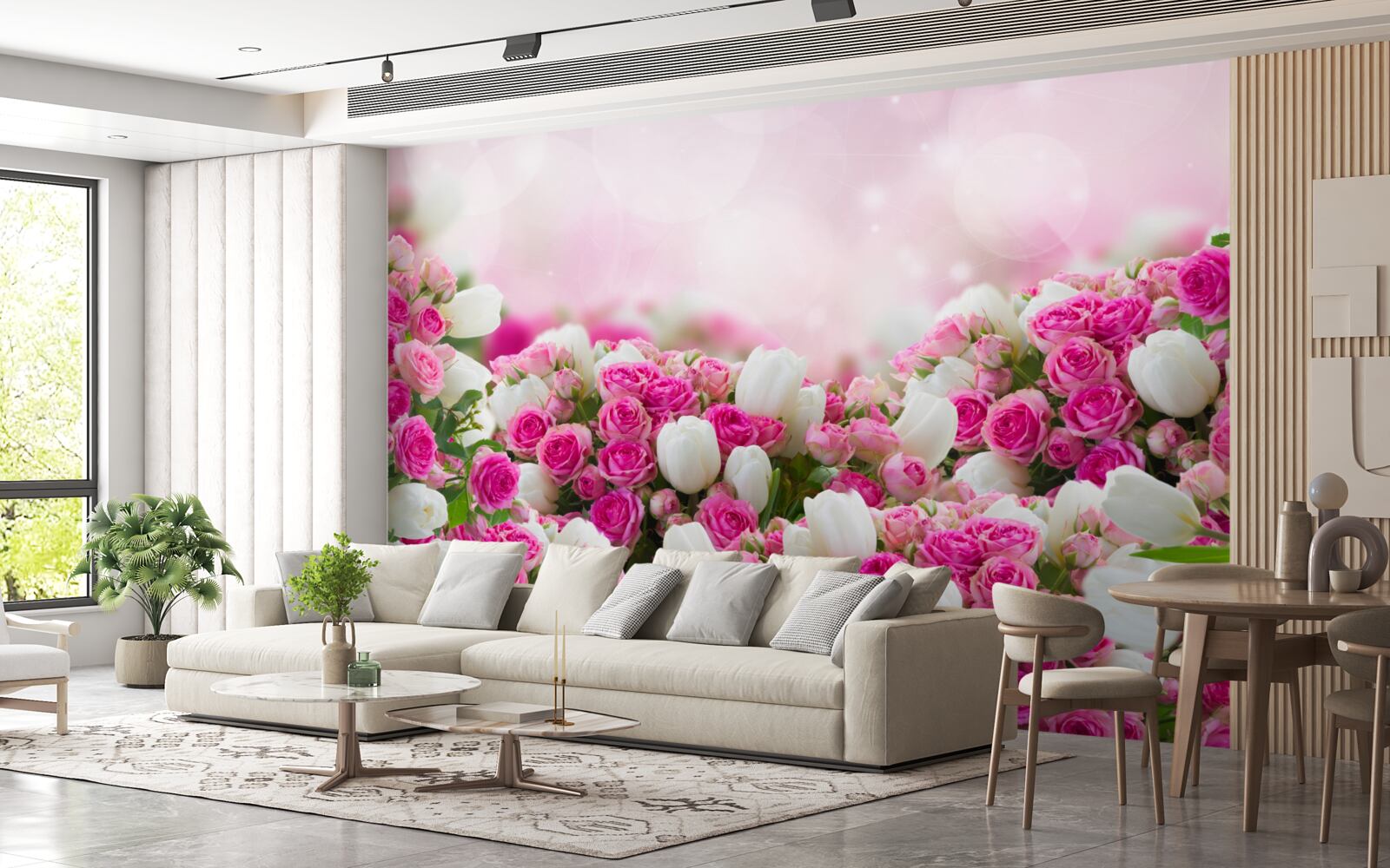 Фотошпалери рожеві троянди та білі тюльпани