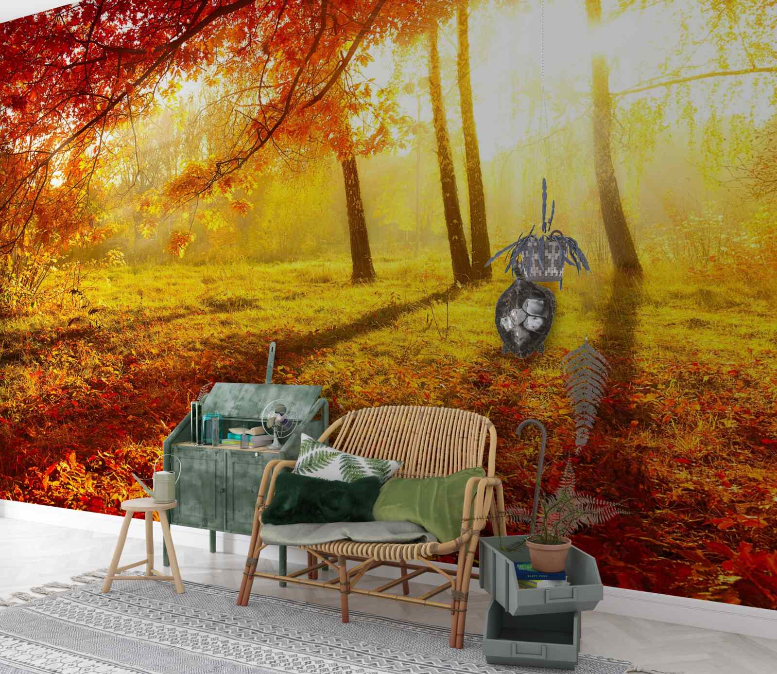 Фотошпалери крізь осінній туман пробиваються холодні промені сонця