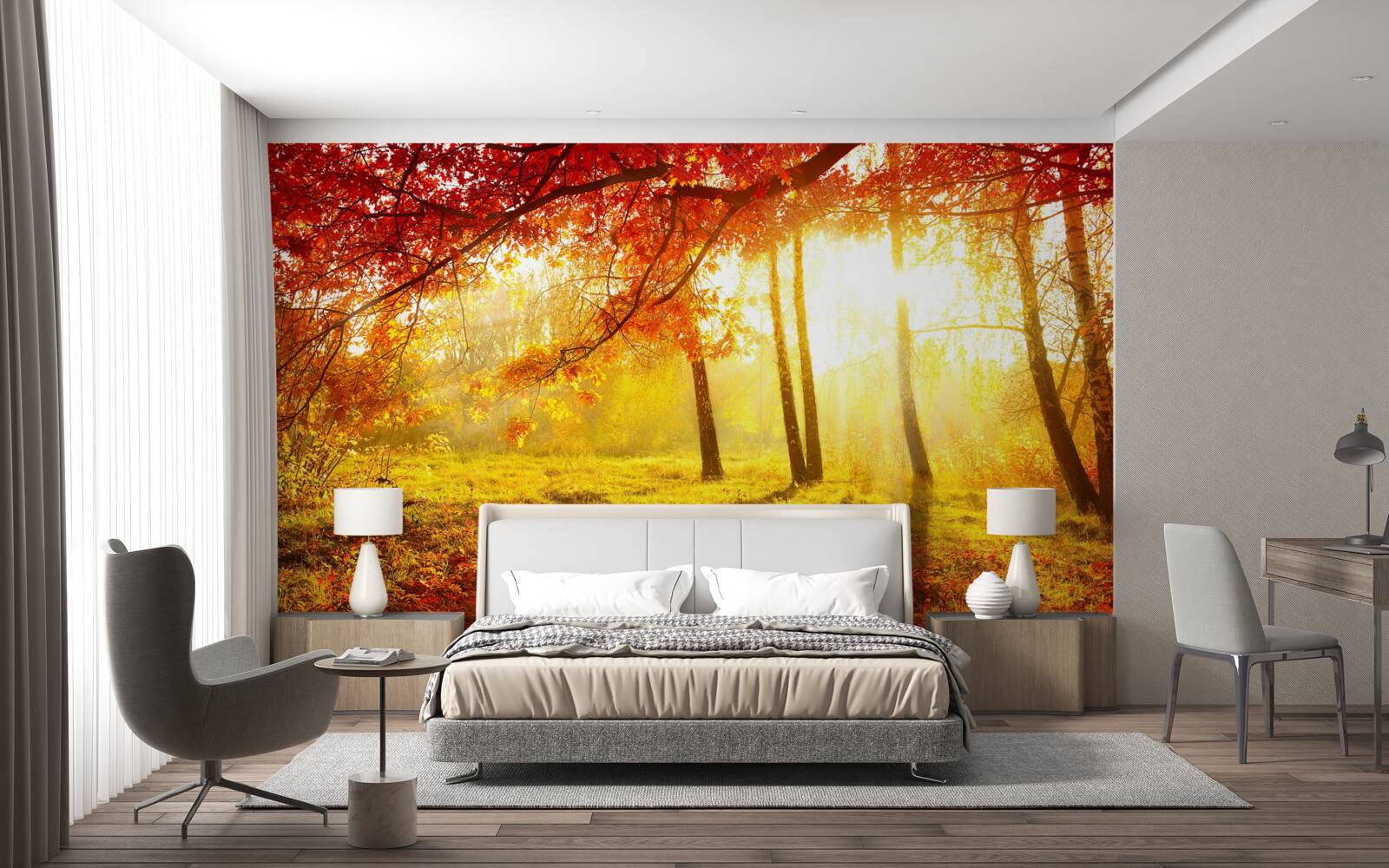 Фотошпалери крізь осінній туман пробиваються холодні промені сонця