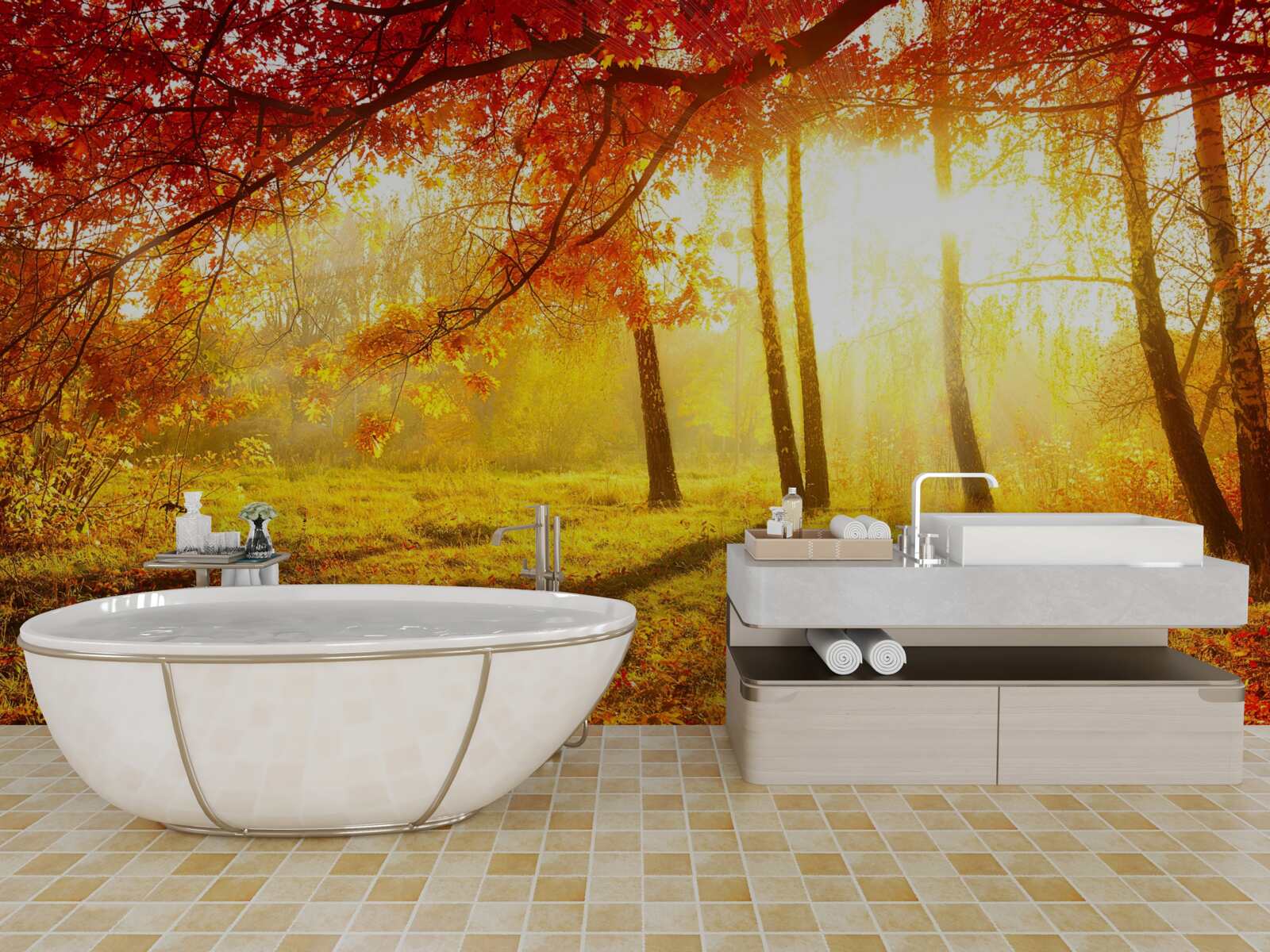 Фотошпалери крізь осінній туман пробиваються холодні промені сонця