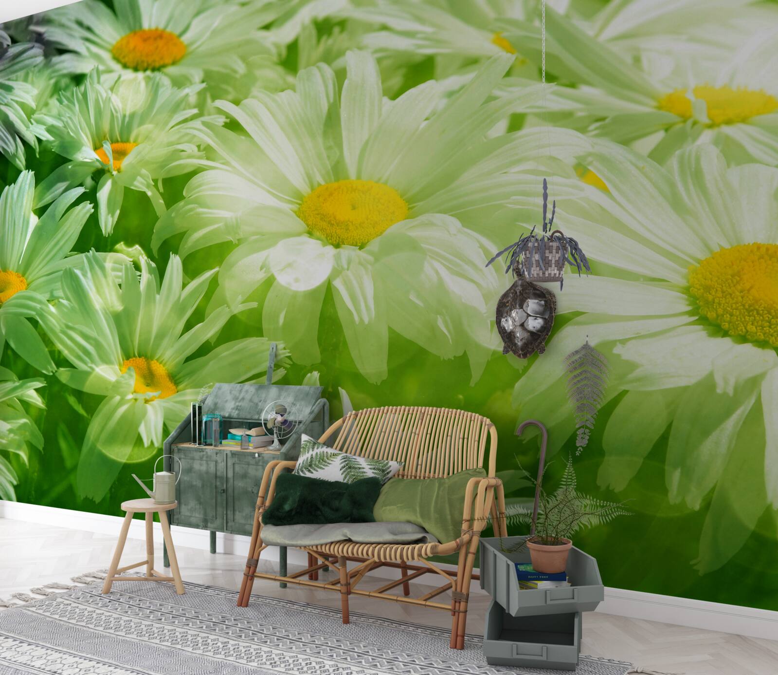 Фотошпалери ніжні ромашки серед зелені