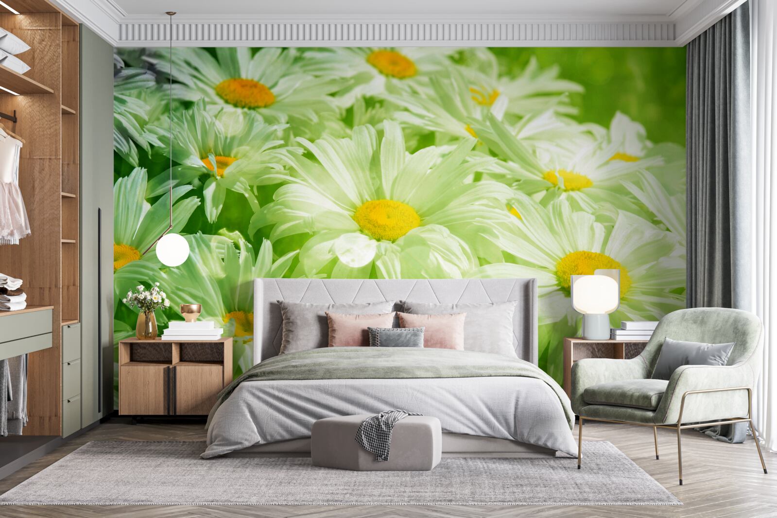 Фотошпалери ніжні ромашки серед зелені