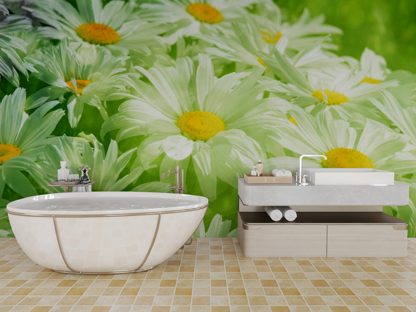 Фотошпалери ніжні ромашки серед зелені