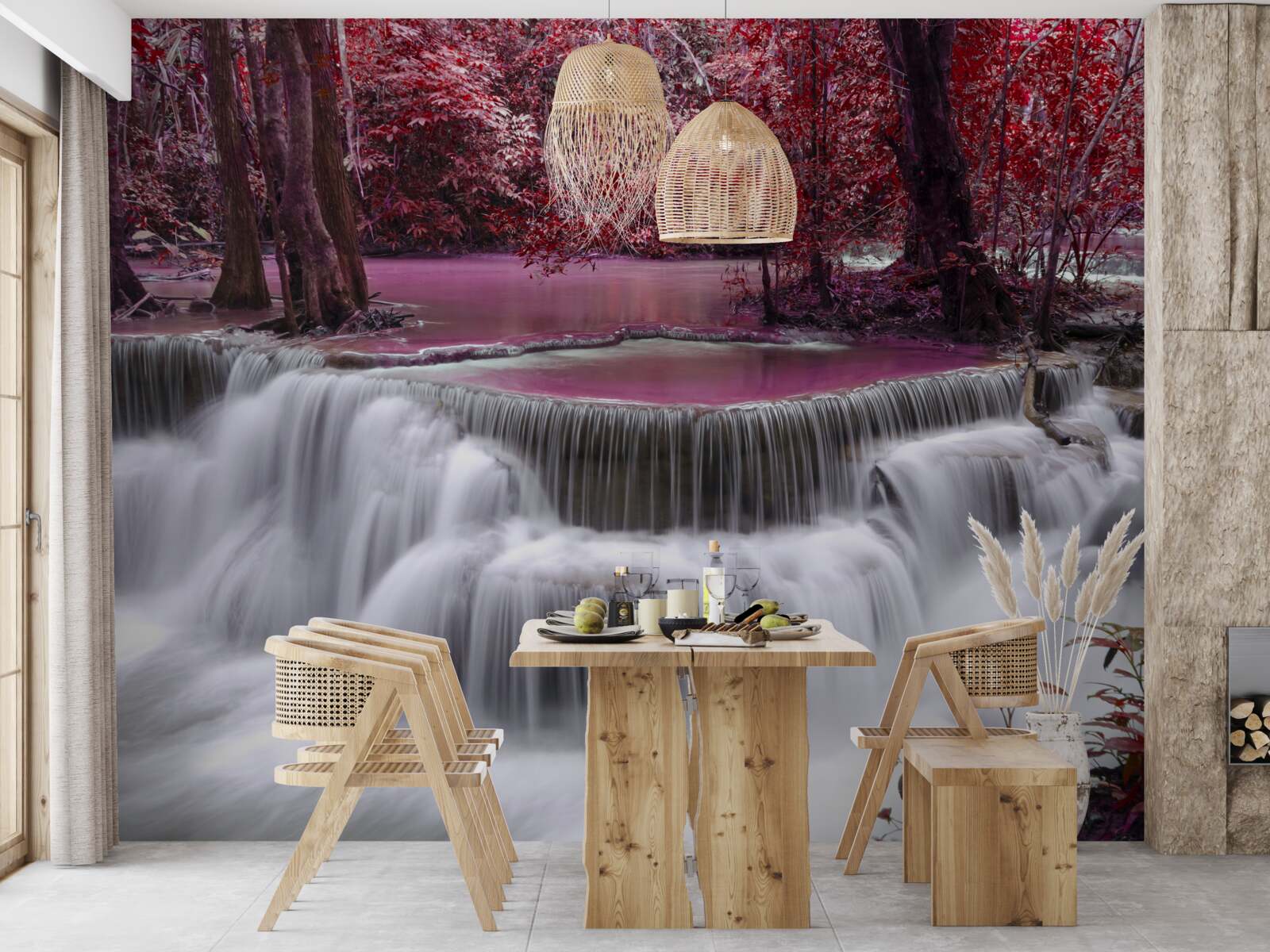 Фотошпалери осінній водоспад у лісі в червоних кольорах