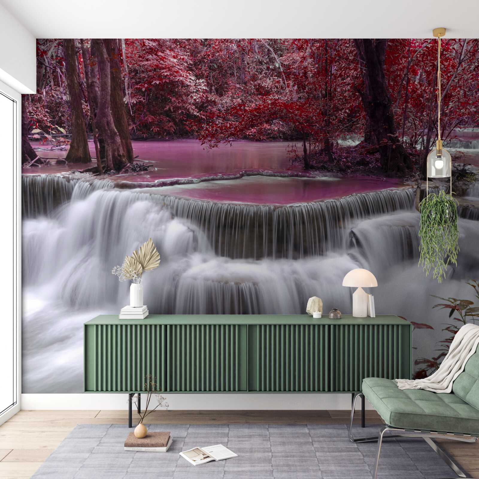 Фотошпалери осінній водоспад у лісі в червоних кольорах