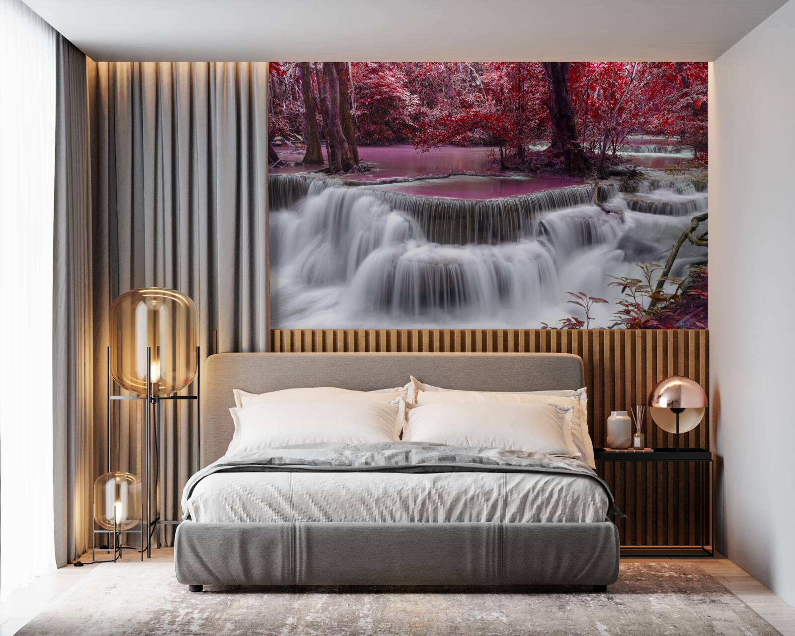 Фотошпалери осінній водоспад у лісі в червоних кольорах