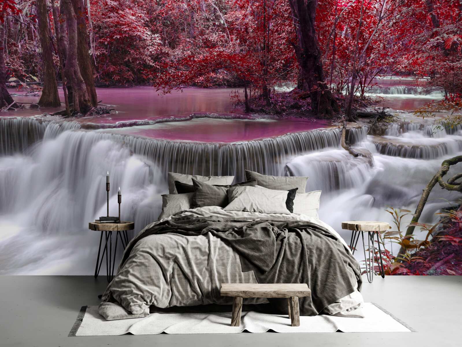 Фотошпалери осінній водоспад у лісі в червоних кольорах