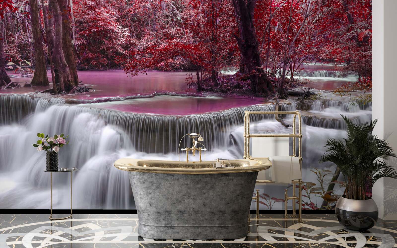 Фотошпалери осінній водоспад у лісі в червоних кольорах