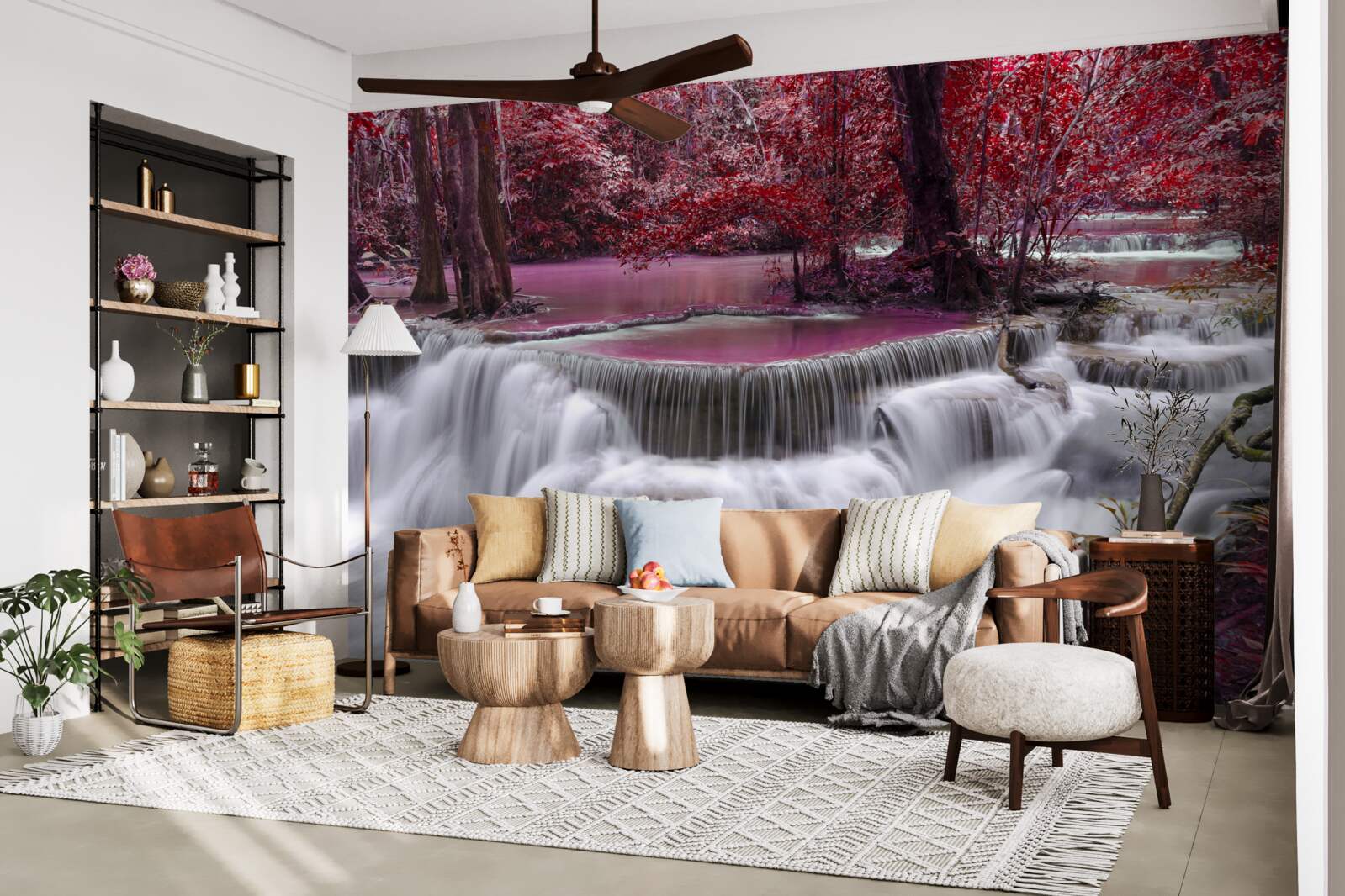 Фотошпалери осінній водоспад у лісі в червоних кольорах