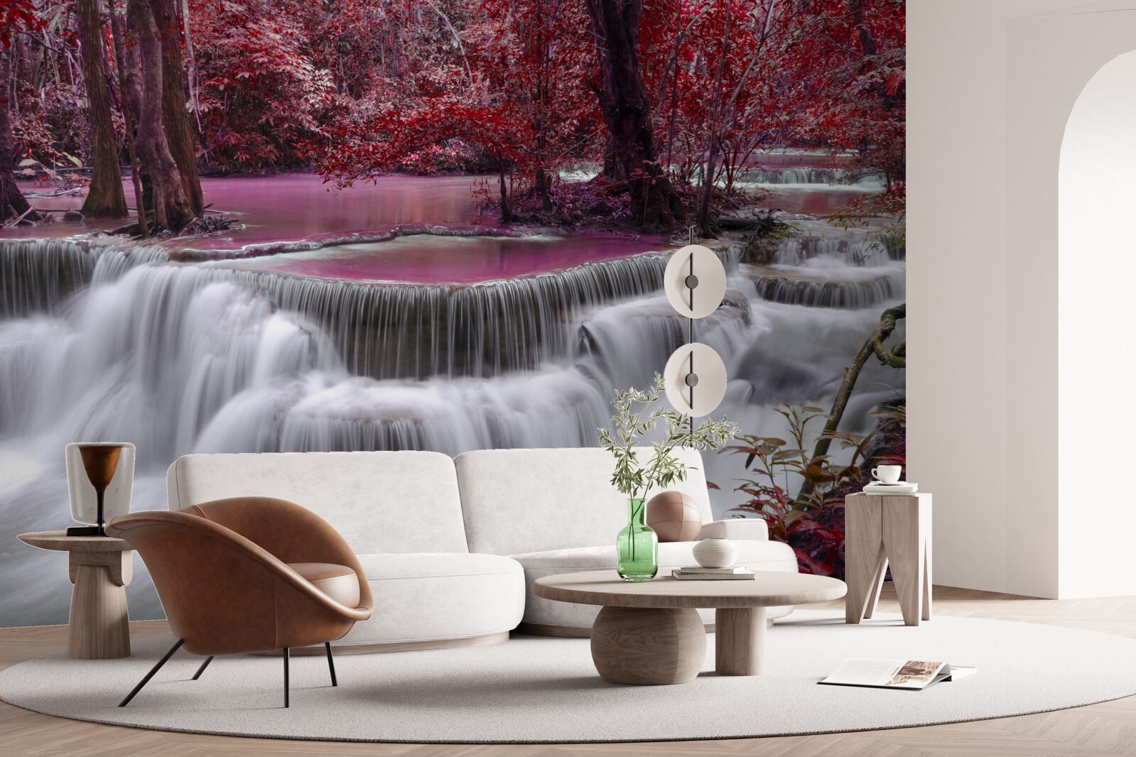 Фотошпалери осінній водоспад у лісі в червоних кольорах