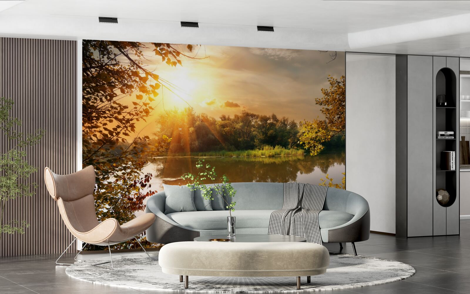 Фотошпалери сонце над озером, де плаває лебідь