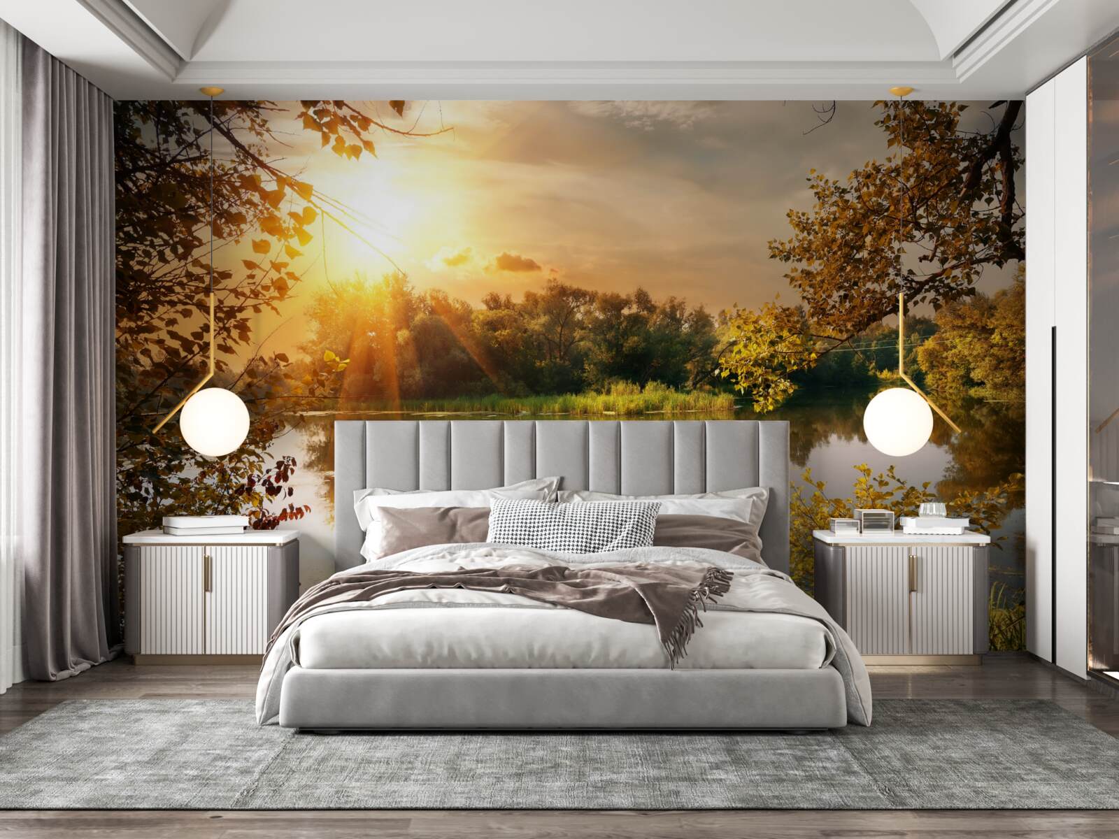 Фотошпалери сонце над озером, де плаває лебідь