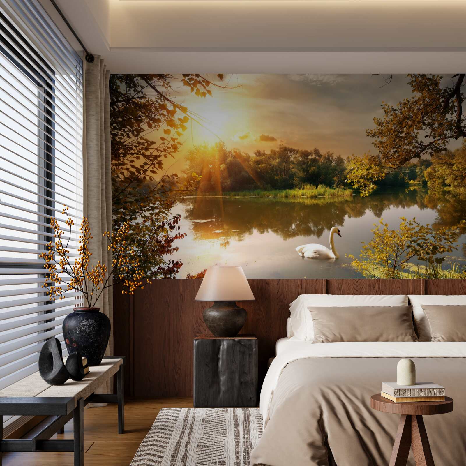 Фотошпалери сонце над озером, де плаває лебідь