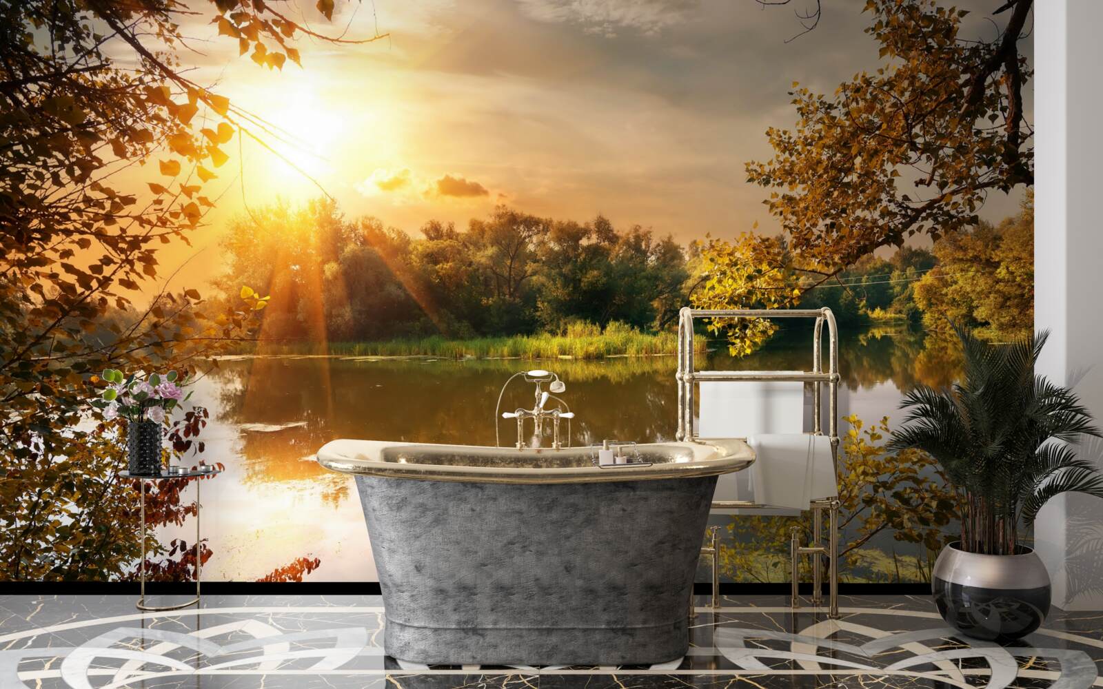 Фотошпалери сонце над озером, де плаває лебідь