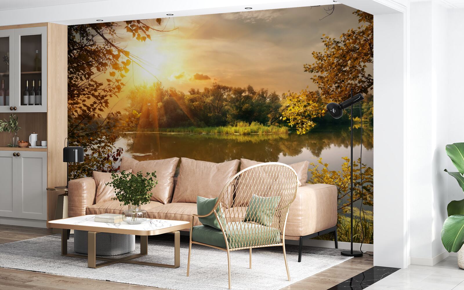 Фотошпалери сонце над озером, де плаває лебідь