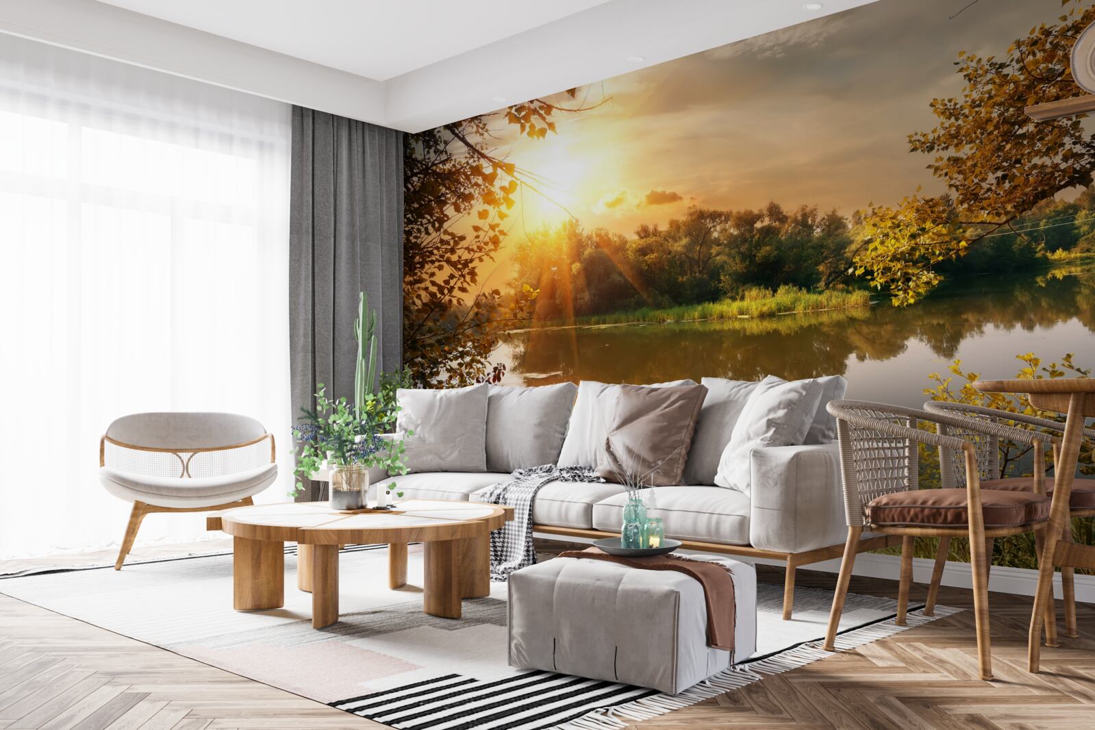 Фотошпалери сонце над озером, де плаває лебідь