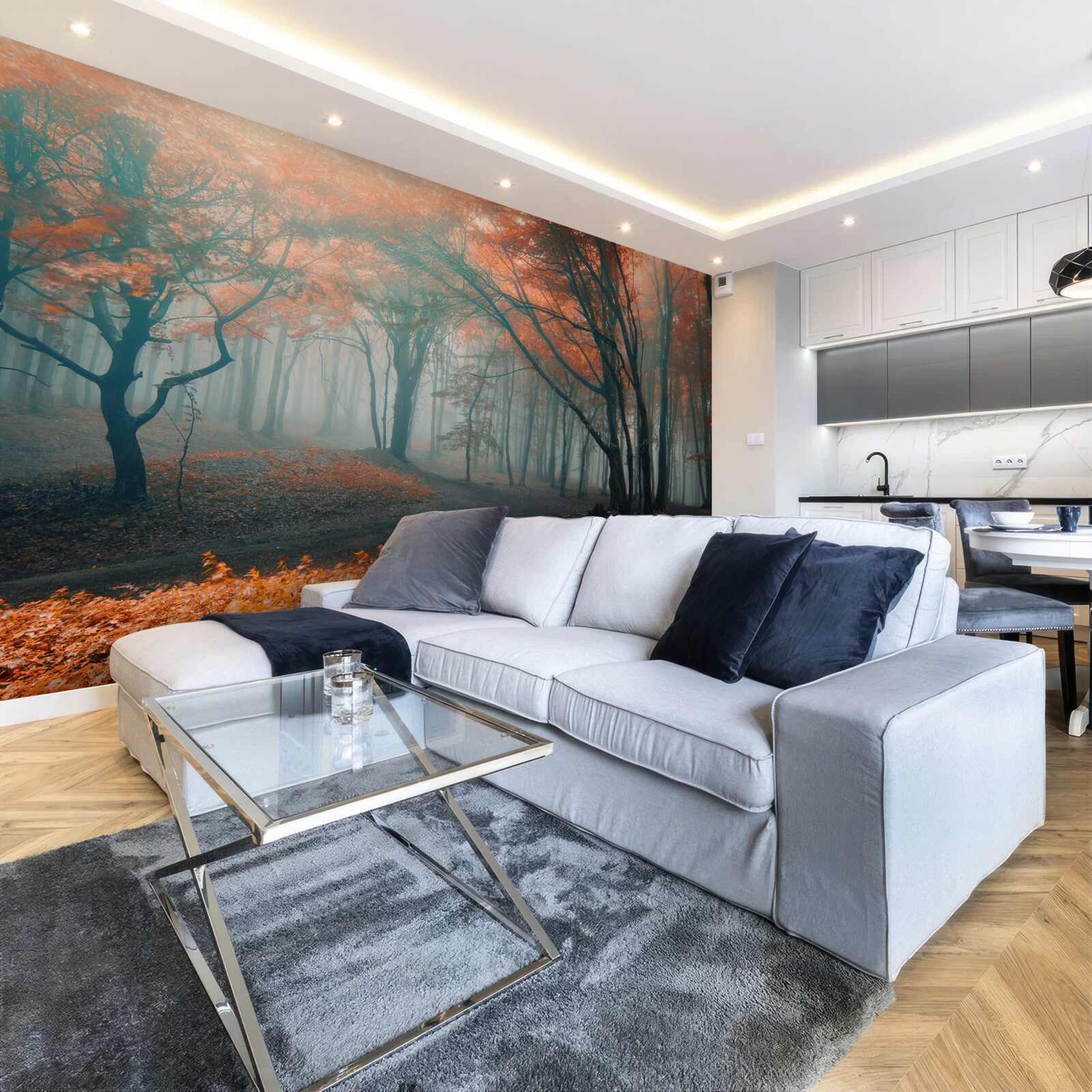 Фотошпалери Шлях через осінній ліс, оповитий туманом