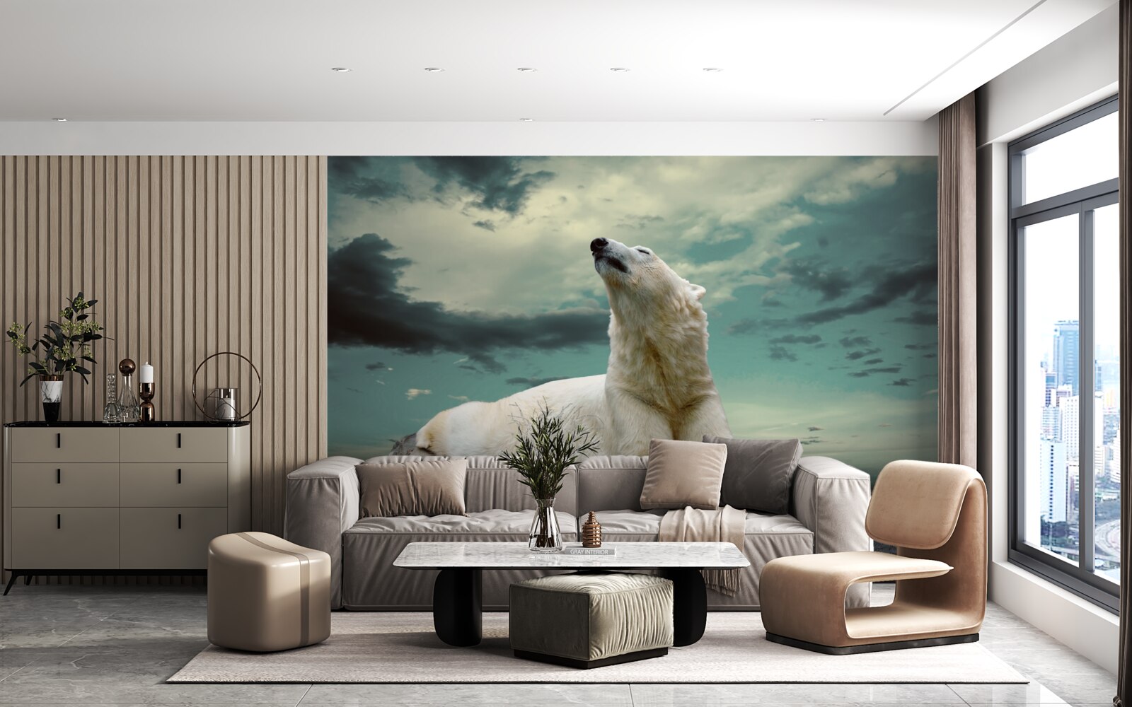 Фотошпалери білий ведмідь відпочиває на скелі