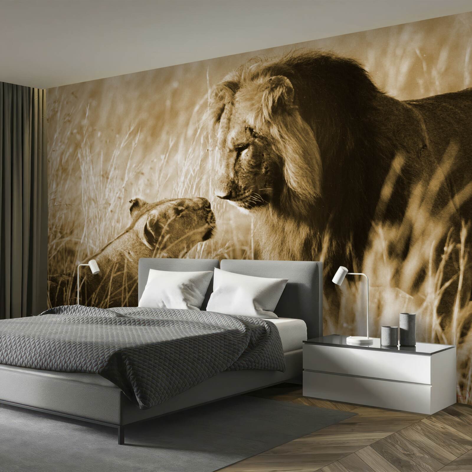 Фотошпалери лев і левиця знайомляться один з одним