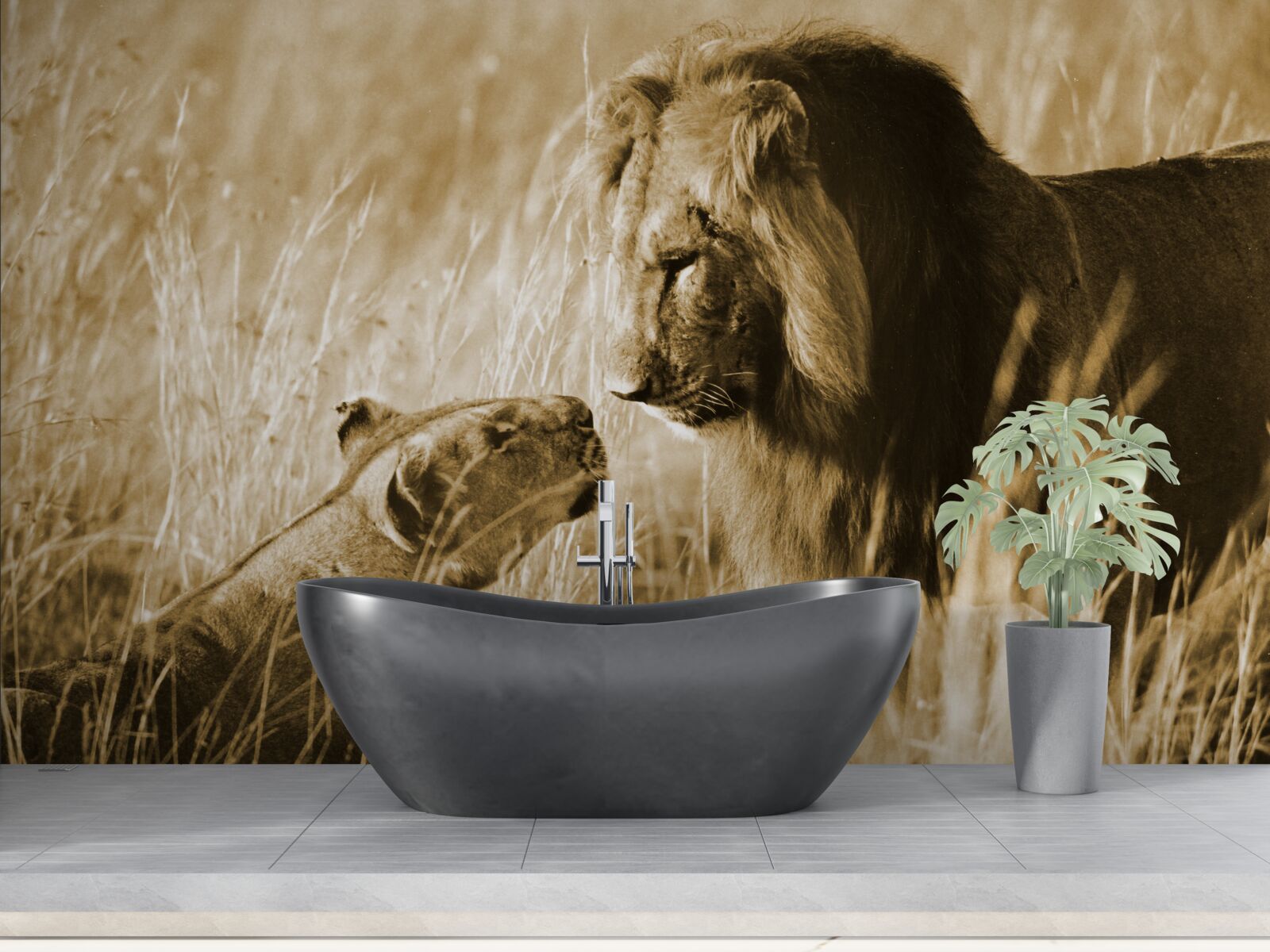 Фотошпалери лев і левиця знайомляться один з одним