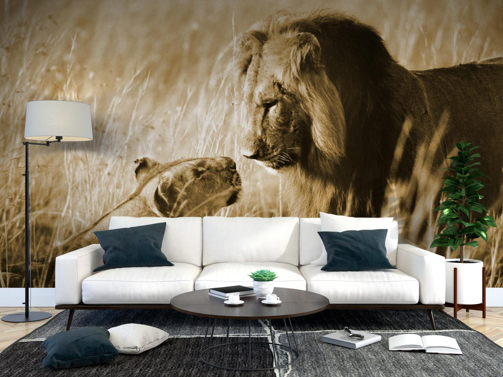 Фотошпалери лев і левиця знайомляться один з одним