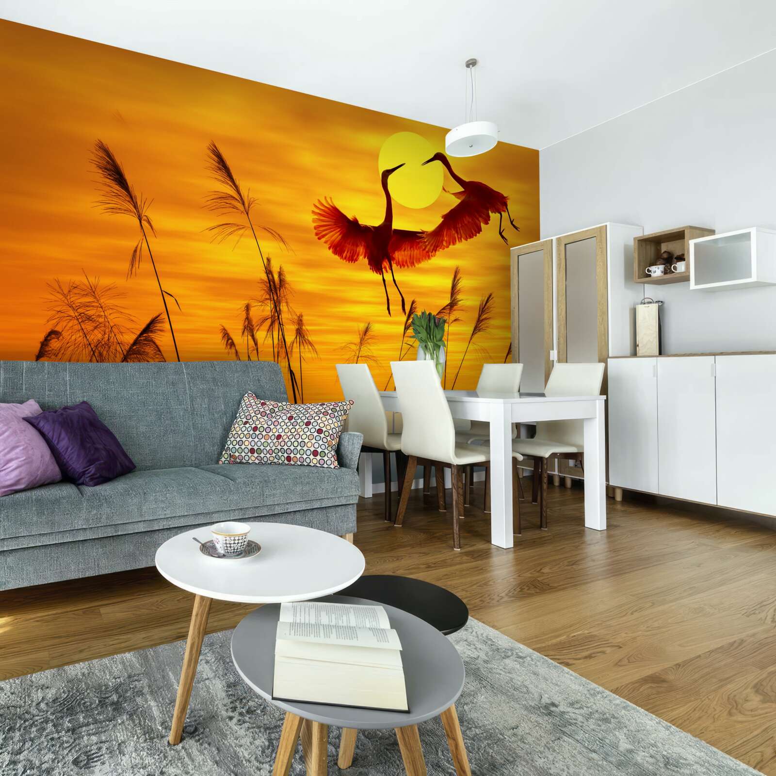 Фотошпалери захід сонця супроводжується зграєю журавлів