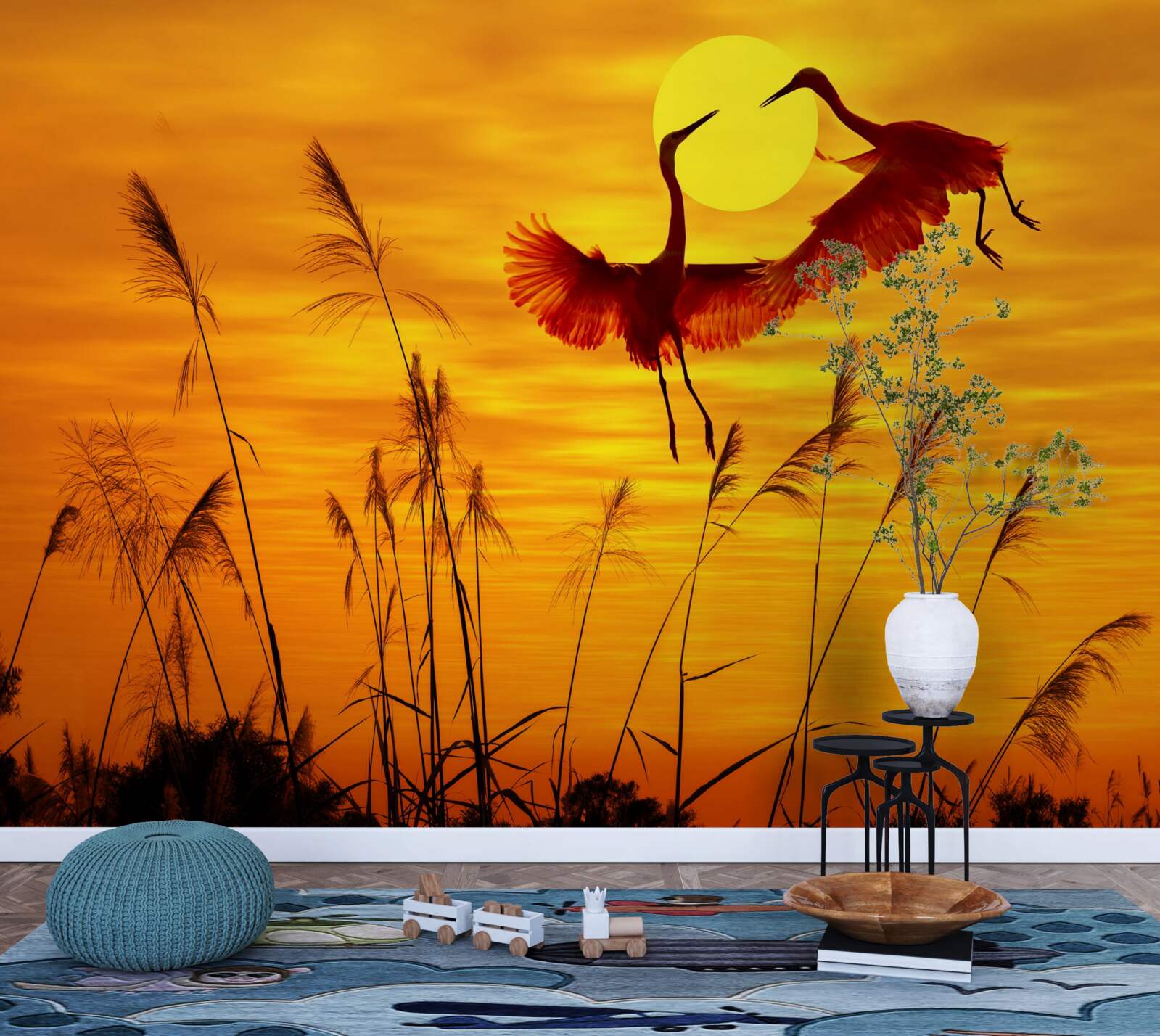 Фотошпалери захід сонця супроводжується зграєю журавлів