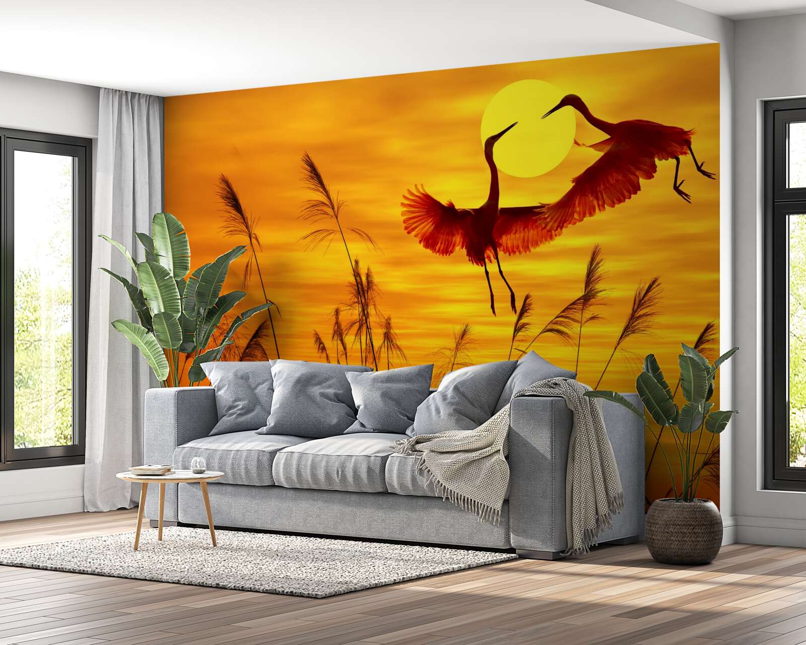 Фотошпалери захід сонця супроводжується зграєю журавлів